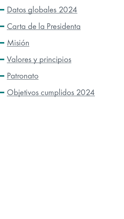 ￼ Datos globales 2024 ￼ Carta de la Presidenta ￼ Misi n ￼ Valores y principios ￼ Patronato ￼ Objetivos cumplidos 2024