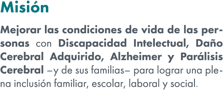 Misi n Mejorar las condiciones de vida de las personas con Discapacidad Intelectual, Da o Cerebral Adquirido, Alzheim...