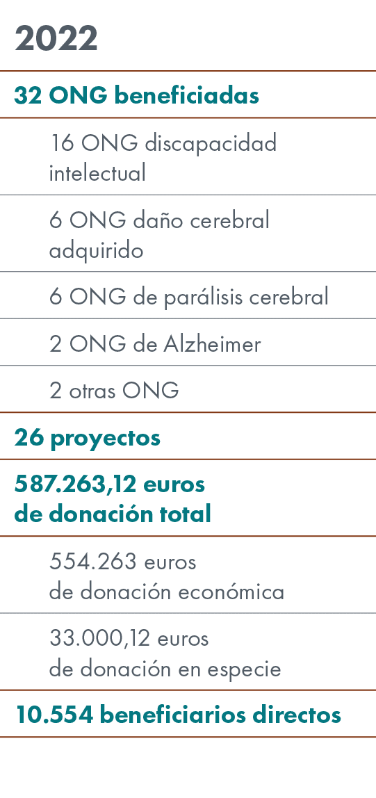 2022,32 ONG beneficiadas,16 ONG discapacidad intelectual,6 ONG da o cerebral adquirido,6 ONG de par lisis cerebral,2 ...