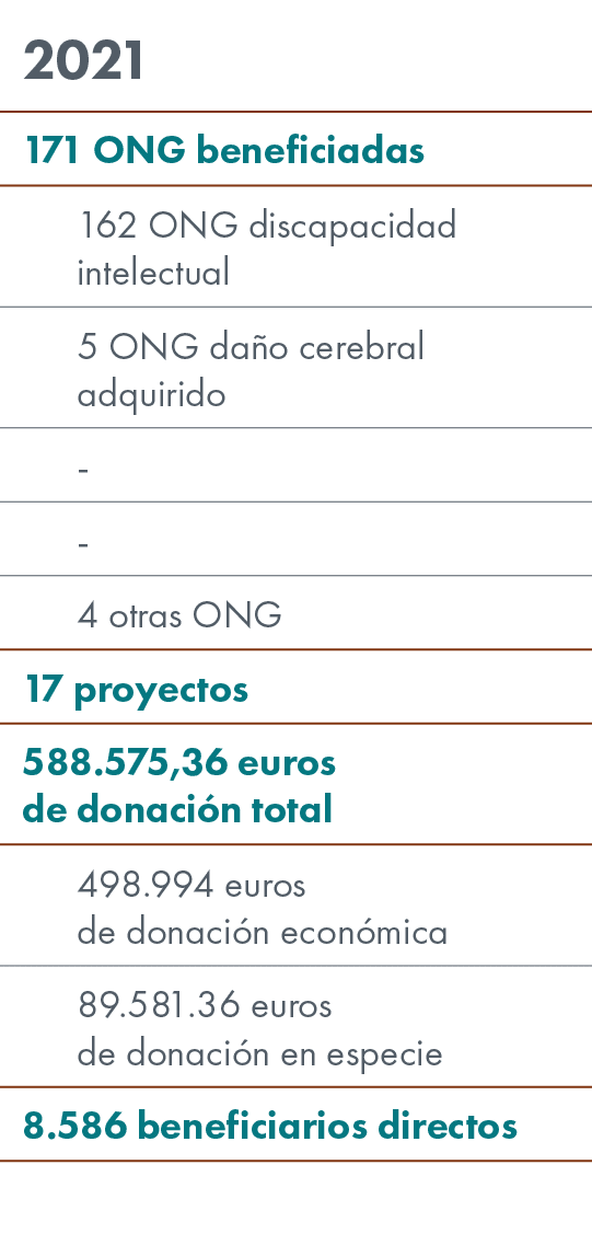 2021,171 ONG beneficiadas,162 ONG discapacidad intelectual,5 ONG da o cerebral adquirido, , ,4 otras ONG,17 proyectos...