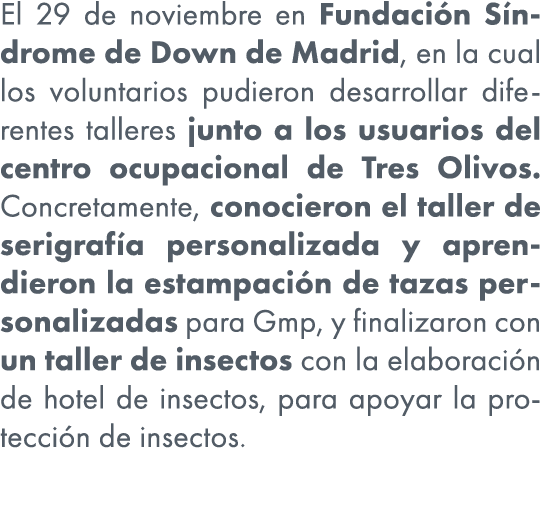 El 29 de noviembre en Fundaci n S ndrome de Down de Madrid, en la cual los voluntarios pudieron desarrollar diferente...