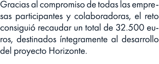 Gracias al compromiso de todas las empresas participantes y colaboradoras, el reto consigui recaudar un total de 32....