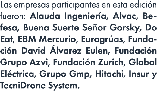 Las empresas participantes en esta edici n fueron: Alauda Ingenier a, Alvac, Befesa, Buena Suerte Se or Gorsky, Do Ea...
