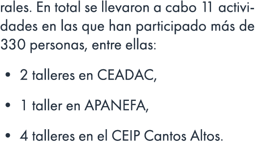 rales. En total se llevaron a cabo 11 actividades en las que han participado m s de 330 personas, entre ellas: • 2 ta...