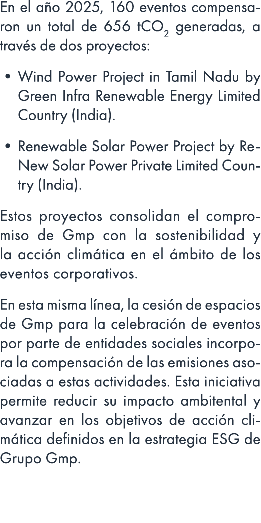 En el a o 2025, 160 eventos compensaron un total de 656 tCO2 generadas, a trav s de dos proyectos: • Wind Power Proje...