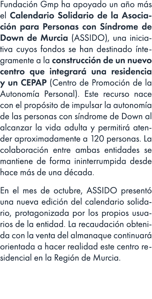 Fundaci n Gmp ha apoyado un a o m s el Calendario Solidario de la Asociaci n para Personas con S ndrome de Down de Mu...
