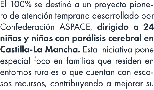 El 100% se destin a un proyecto pionero de atenci n temprana desarrollado por Confederaci n ASPACE, dirigido a 24 ni...