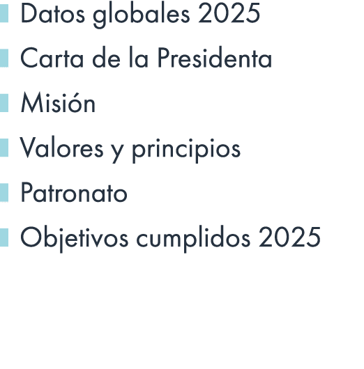 ￼ Datos globales 2025 ￼ Carta de la Presidenta ￼ Misi n ￼ Valores y principios ￼ Patronato ￼ Objetivos cumplidos 2025 