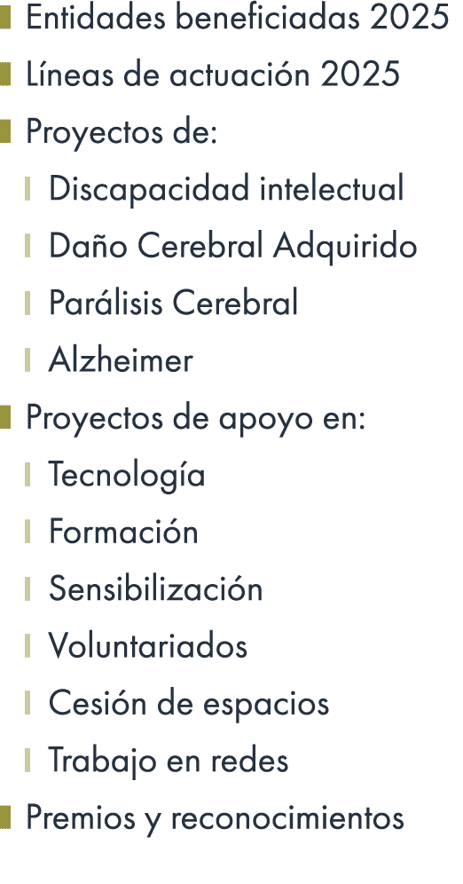 ￼ Entidades beneficiadas 2025 ￼ L neas de actuaci n 2025 ￼ Proyectos de: ￼ Discapacidad intelectual ￼ Da o Cerebral A...