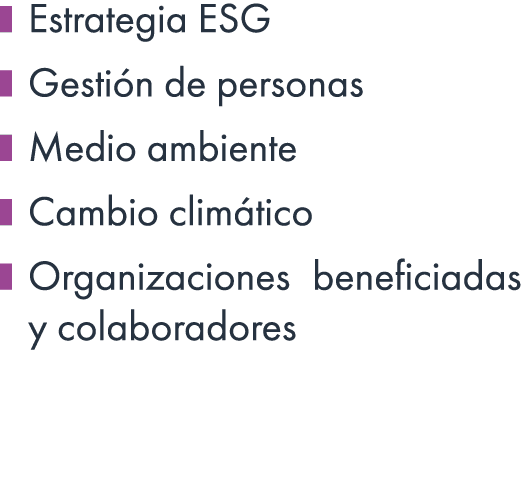 ￼ Estrategia ESG ￼ Gesti n de personas ￼ Medio ambiente ￼ Cambio clim tico ￼ Organizaciones beneficiadas y colaboradores
