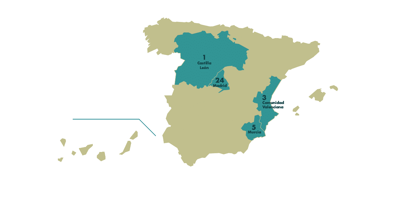 Mapa de Espa a que destaca varias regiones con etiquetas num ricas y nombres en un estilo sencillo y colores contrastantes. Descripci n generada con IA