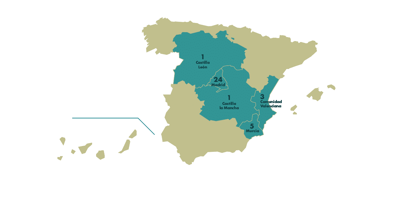 Mapa de Espa a que destaca en color azul varias regiones centrales y del este con etiquetas num ricas y nombres de provincias. Descripci n generada con IA