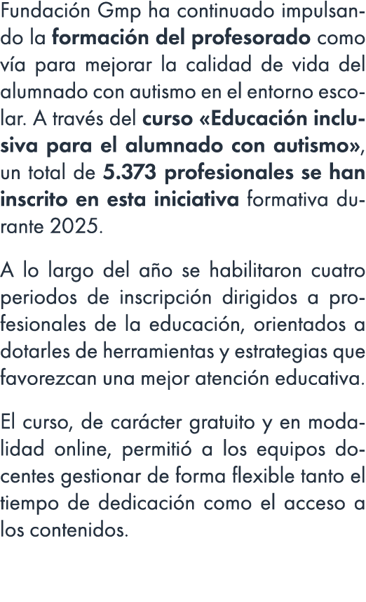 Fundaci n Gmp ha continuado impulsando la formaci n del profesorado como v a para mejorar la calidad de vida del alum...