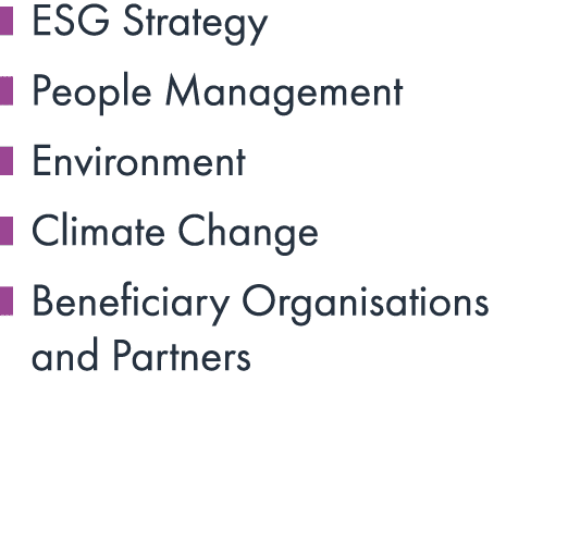 ￼ ESG Strategy ￼ People Management ￼ Environment ￼ Climate Change ￼ Beneficiary Organisations and Partners