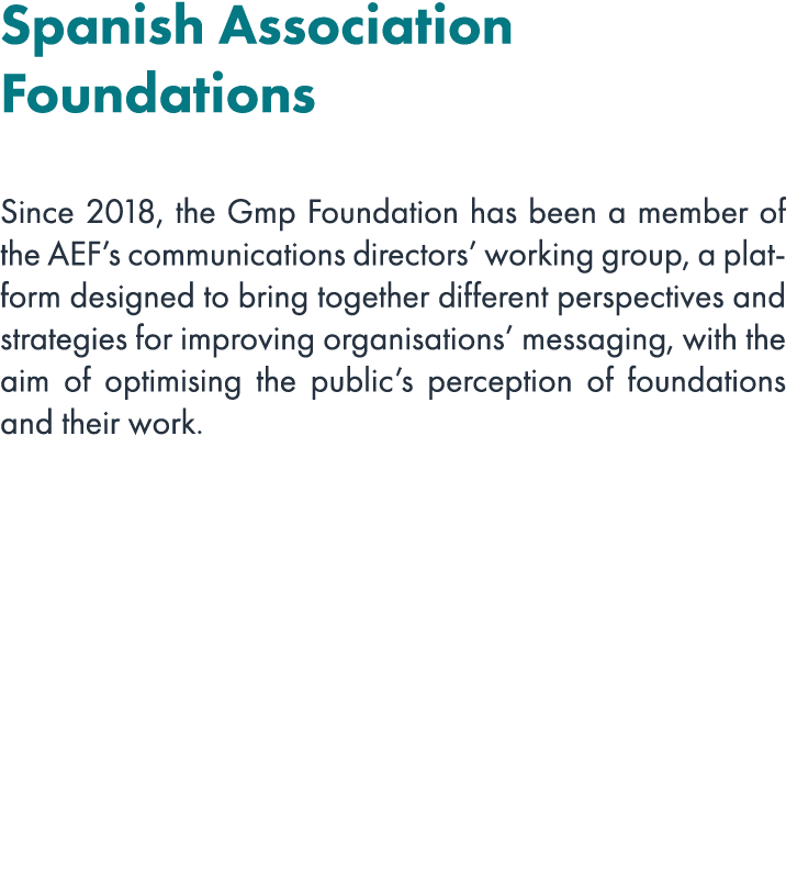 Spanish Association Foundations Since 2018, the Gmp Foundation has been a member of the AEF’s communications director...