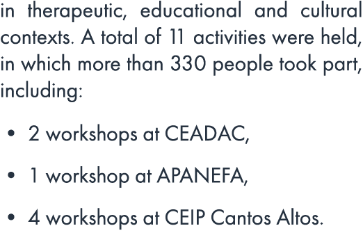 in therapeutic, educational and cultural contexts. A total of 11 activities were held, in which more than 330 people ...
