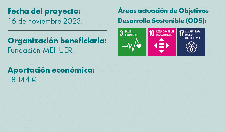 Fecha del proyecto: 16 de noviembre 2023. Organizaci n beneficiaria: Fundaci n MEHUER. Aportaci n econ mica: 18.144 €...