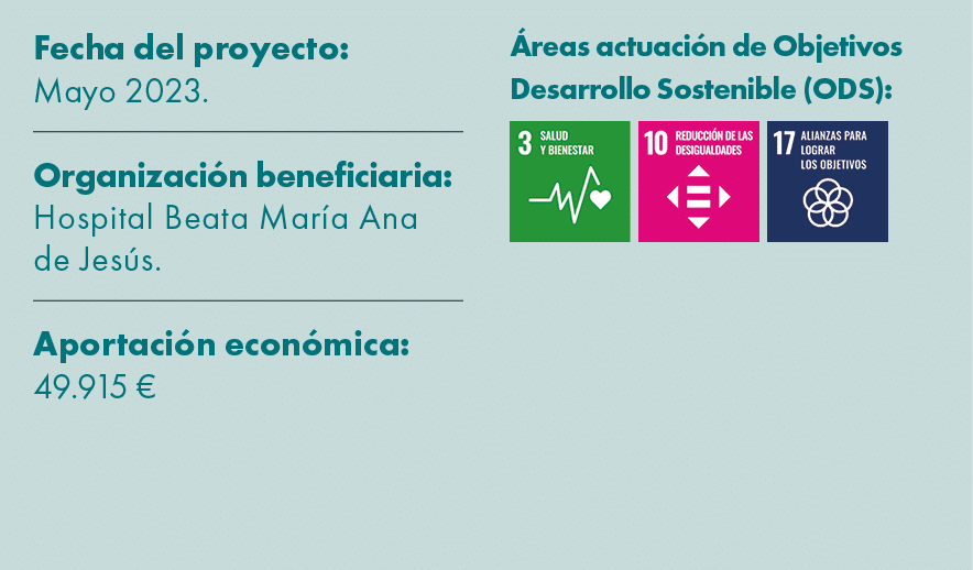 Fecha del proyecto: Mayo 2023. Organizaci n beneficiaria: Hospital Beata Mar a Ana de Jes s. Aportaci n econ mica: 49...