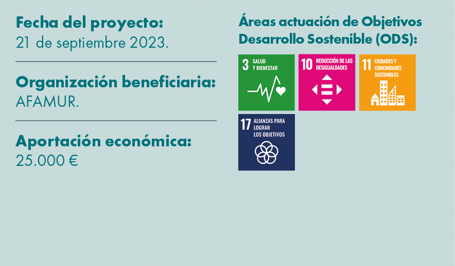 Fecha del proyecto: 21 de septiembre 2023. Organizaci n beneficiaria: AFAMUR. Aportaci n econ mica: 25.000 € reas ac...
