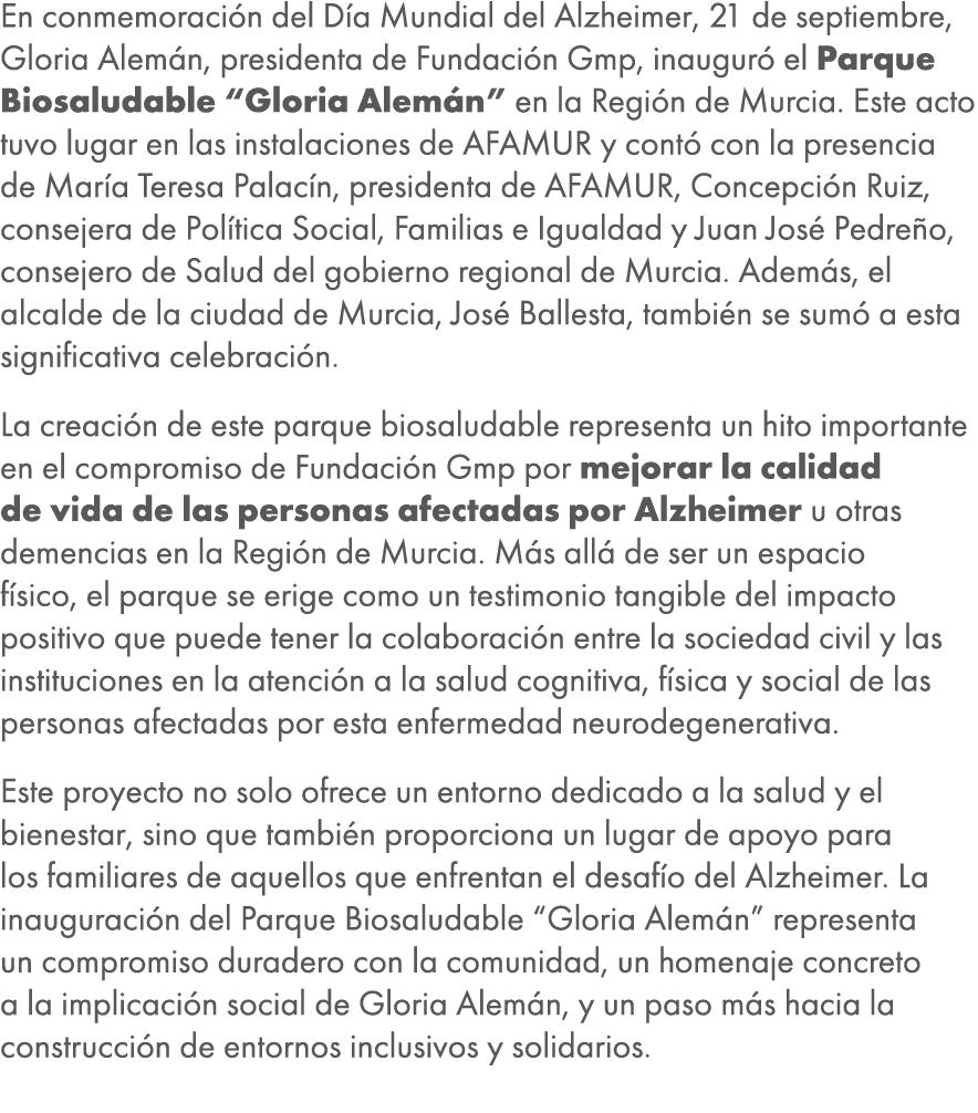 En conmemoraci n del D a Mundial del Alzheimer, 21 de septiembre, Gloria Alem n, presidenta de Fundaci n Gmp, inaugur...