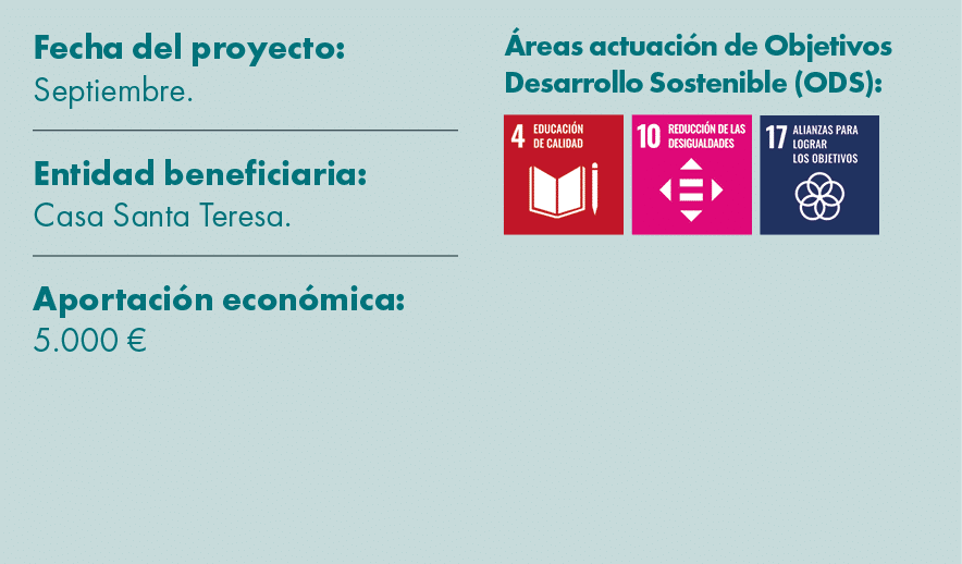 Fecha del proyecto: Septiembre. Entidad beneficiaria: Casa Santa Teresa. Aportaci n econ mica: 5.000 € reas actuaci ...