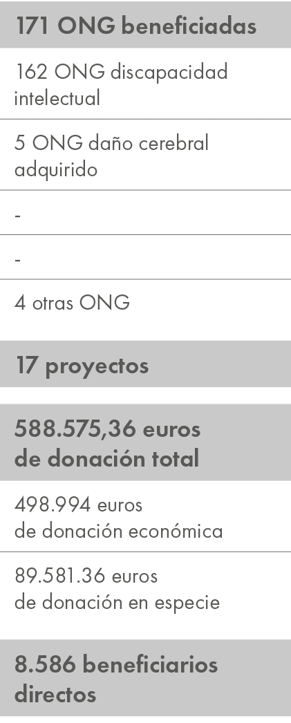 171 ONG beneficiadas,162 ONG discapacidad intelectual,5 ONG da o cerebral adquirido, , ,4 otras ONG,,17 proyectos,,58...