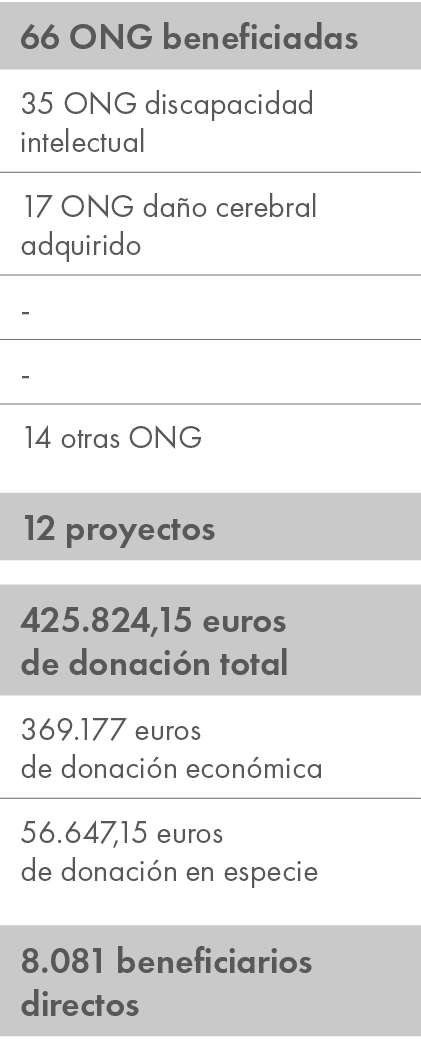 66 ONG beneficiadas,35 ONG discapacidad intelectual,17 ONG da o cerebral adquirido, , ,14 otras ONG,,12 proyectos,,42...