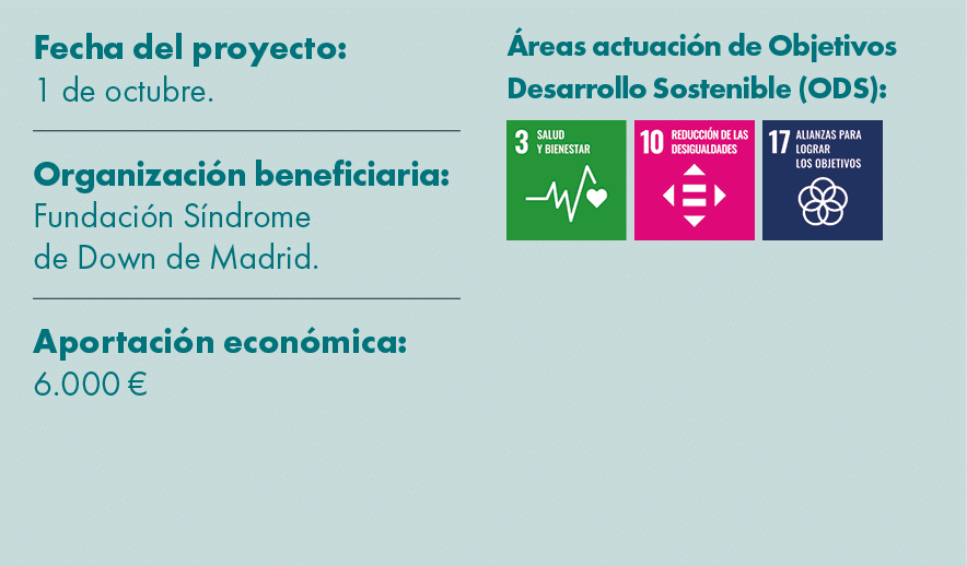 Fecha del proyecto: 1 de octubre. Organizaci n beneficiaria: Fundaci n S ndrome de Down de Madrid. Aportaci n econ mi...