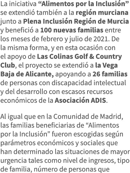 La iniciativa  Alimentos por la Inclusión  se extendió también a la región murciana junto a Plena Inclusión Región de   