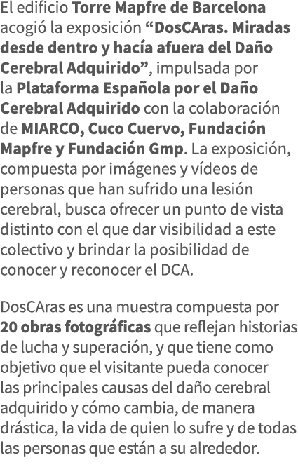 El edificio Torre Mapfre de Barcelona acogió la exposición  DosCAras  Miradas desde dentro y hacía afuera del Daño Ce   