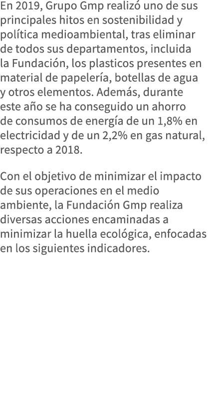 En 2019, Grupo Gmp realizó uno de sus principales hitos en sostenibilidad y política medioambiental, tras eliminar de   