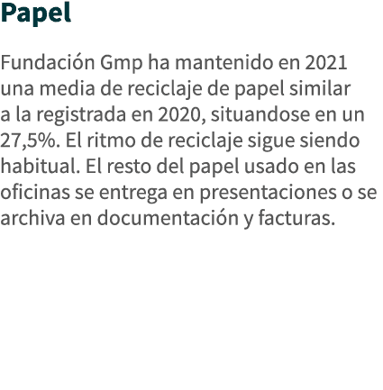 Papel Fundación Gmp ha mantenido en 2021 una media de reciclaje de papel similar a la registrada en 2020, situandose    