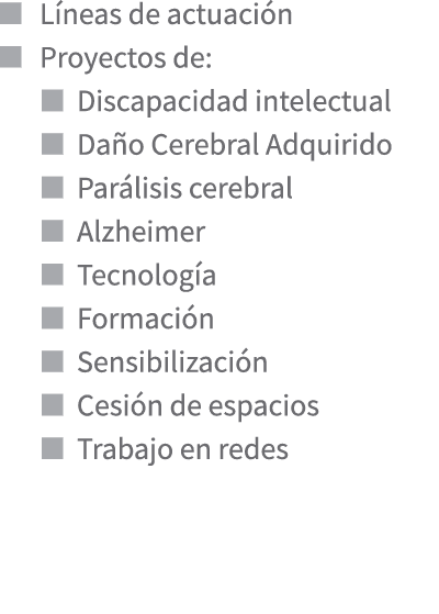 ￼ L neas de actuaci n ￼ Proyectos de: ￼ Discapacidad intelectual ￼ Da o Cerebral Adquirido ￼ Par lisis cerebral ￼ Alz...