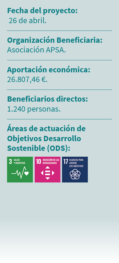 Fecha del proyecto: 26 de abril. Organizaci n Beneficiaria: Asociaci n APSA. Aportaci n econ mica: 26.807,46 €. Benef...