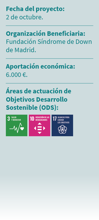 Fecha del proyecto: 2 de octubre. Organizaci n Beneficiaria: Fundaci n S ndrome de Down de Madrid. Aportaci n econ mi...