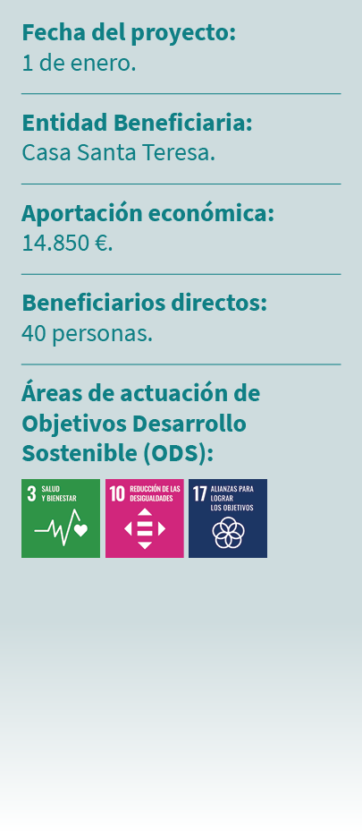 Fecha del proyecto: 1 de enero. Entidad Beneficiaria: Casa Santa Teresa. Aportaci n econ mica: 14.850 €. Beneficiario...