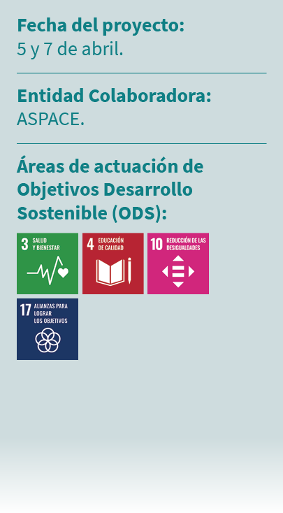 Fecha del proyecto: 5 y 7 de abril. Entidad Colaboradora: ASPACE. reas de actuaci n de Objetivos Desarrollo Sostenib...