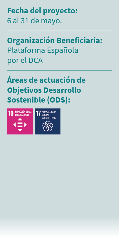 Fecha del proyecto: 6 al 31 de mayo. Organizaci n Beneficiaria: Plataforma Espa ola por el DCA reas de actuaci n de ...