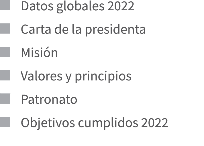￼ Datos globales 2022 ￼ Carta de la presidenta ￼ Misi n ￼ Valores y principios ￼ Patronato ￼ Objetivos cumplidos 2022