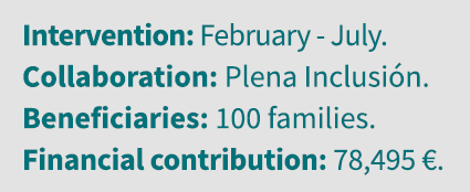Intervention: February - July  Collaboration: Plena Inclusión  Beneficiaries: 100 families  Financial contribution: 7   