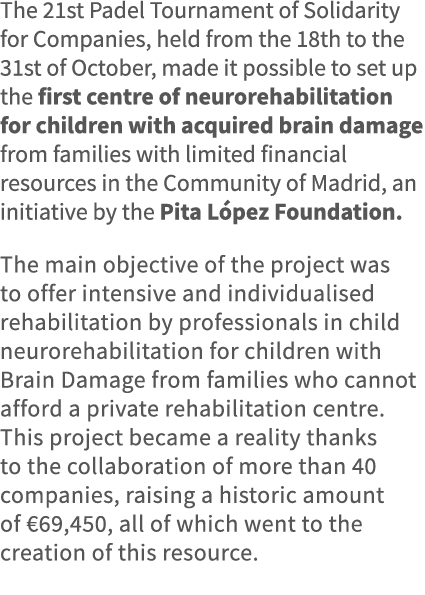 The 21st Padel Tournament of Solidarity for Companies, held from the 18th to the 31st of October, made it possible to   