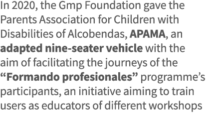 In 2020, the Gmp Foundation gave the Parents Association for Children with Disabilities of Alcobendas, APAMA, an adap   