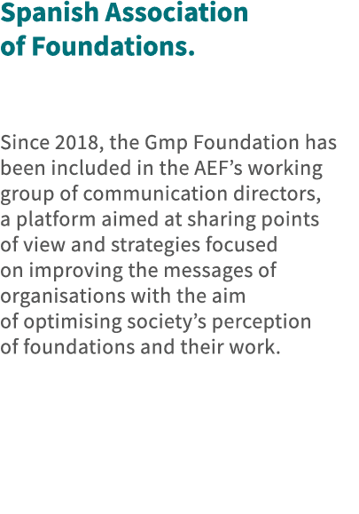 Spanish Association of Foundations   Since 2018, the Gmp Foundation has been included in the AEF s working group of c   