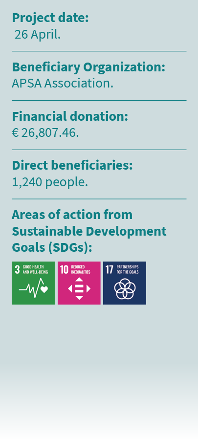 Project date: 26 April. Beneficiary Organization: APSA Association. Financial donation: € 26,807.46. Direct beneficia...