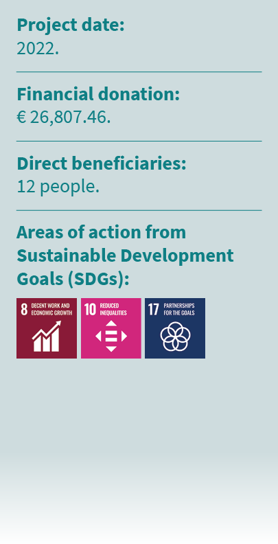 Project date: 2022. Financial donation: € 26,807.46. Direct beneficiaries: 12 people. Areas of action from Sustainabl...