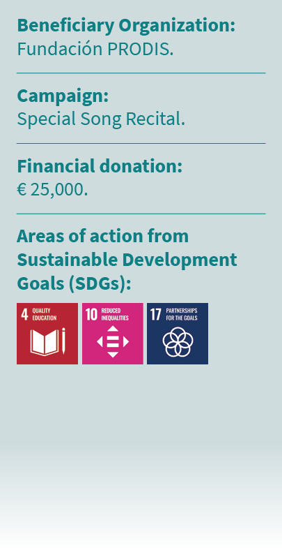 Beneficiary Organization: Fundaci n PRODIS. Campaign: Special Song Recital. Financial donation: € 25,000. Areas of ac...