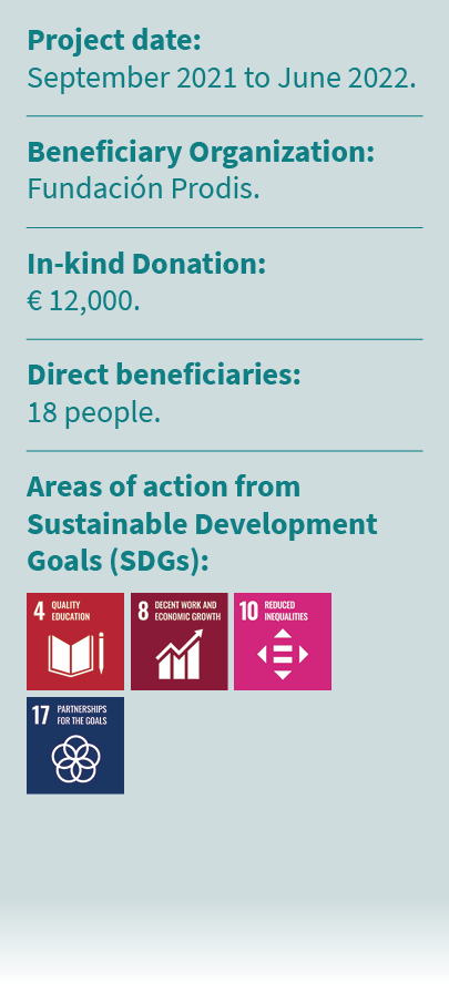 Project date: September 2021 to June 2022. Beneficiary Organization: Fundaci n Prodis. In kind Donation: € 12,000. Di...