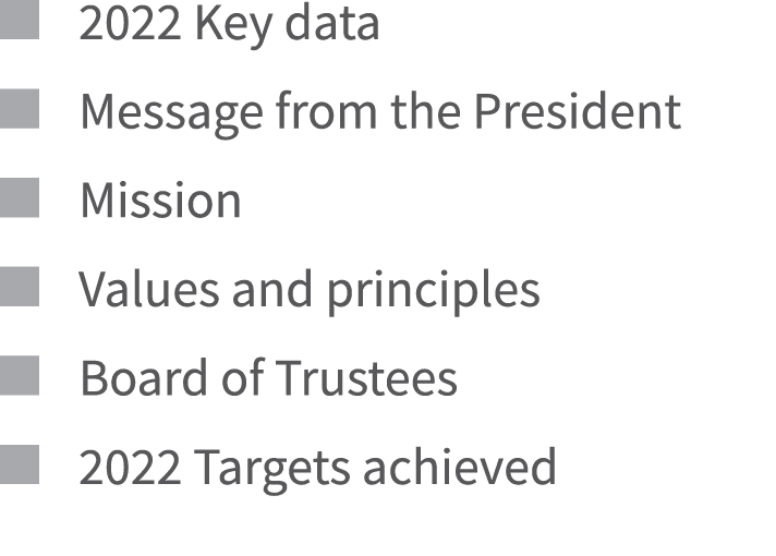 ￼ 2022 Key data ￼ Message from the President ￼ Mission ￼ Values and principles ￼ Board of Trustees ￼ 2022 Targets ach...